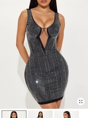 Fashion Nova Black Crystal-Studded Plunge Mini Dress